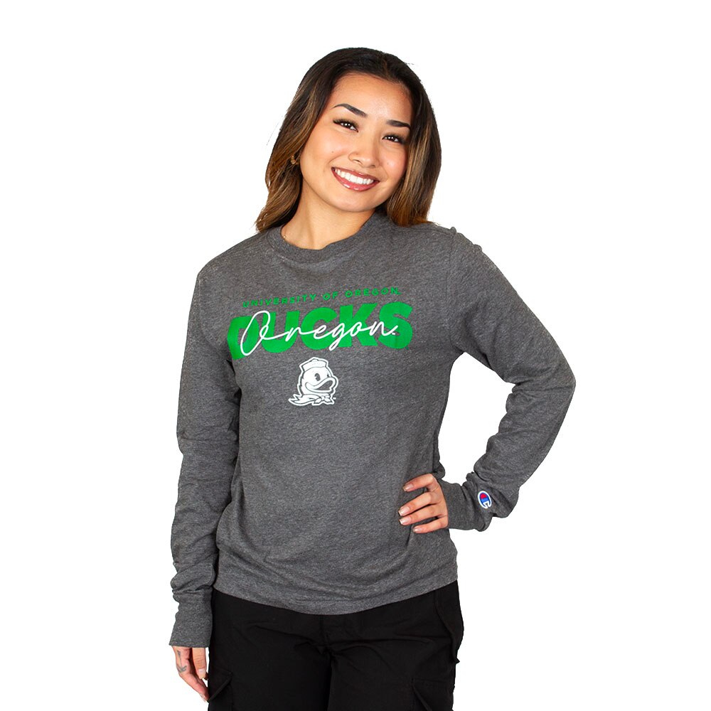 Ducks Spirit, Champion, Grey, Long Sleeve, Cotton Blend, Women, Oregon Mascot, T-Shirt, 1005221
